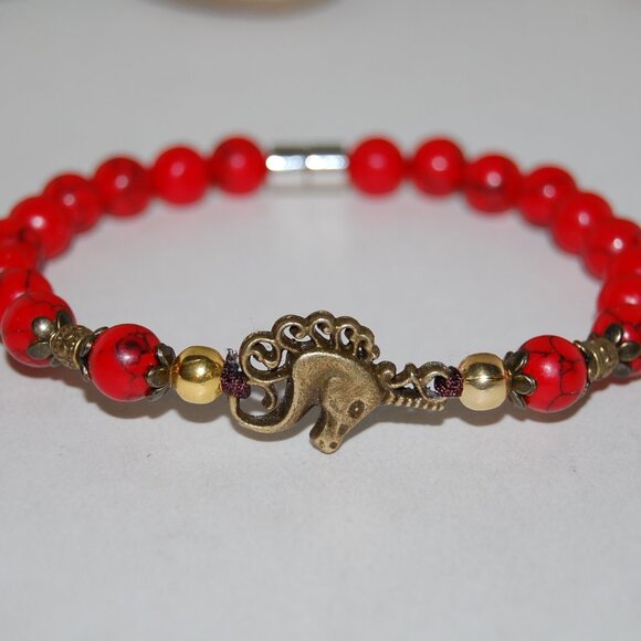 Unicorn Bracelet,Red Howlite Bracelet,Unicorn Red Bracelet - Picture 2 of 2